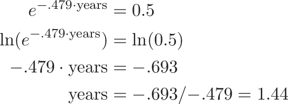\begin{aligned} e^{{-.479} \cdot \text{years}} &= 0.5 \\ \ln(e^{{-.479} \cdot \text{years}}) &= \ln(0.5) \\ {-.479} \cdot \text{years} &= {-.693} \\ \text{years} &= {-.693} / {-.479} = 1.44 \end{aligned}